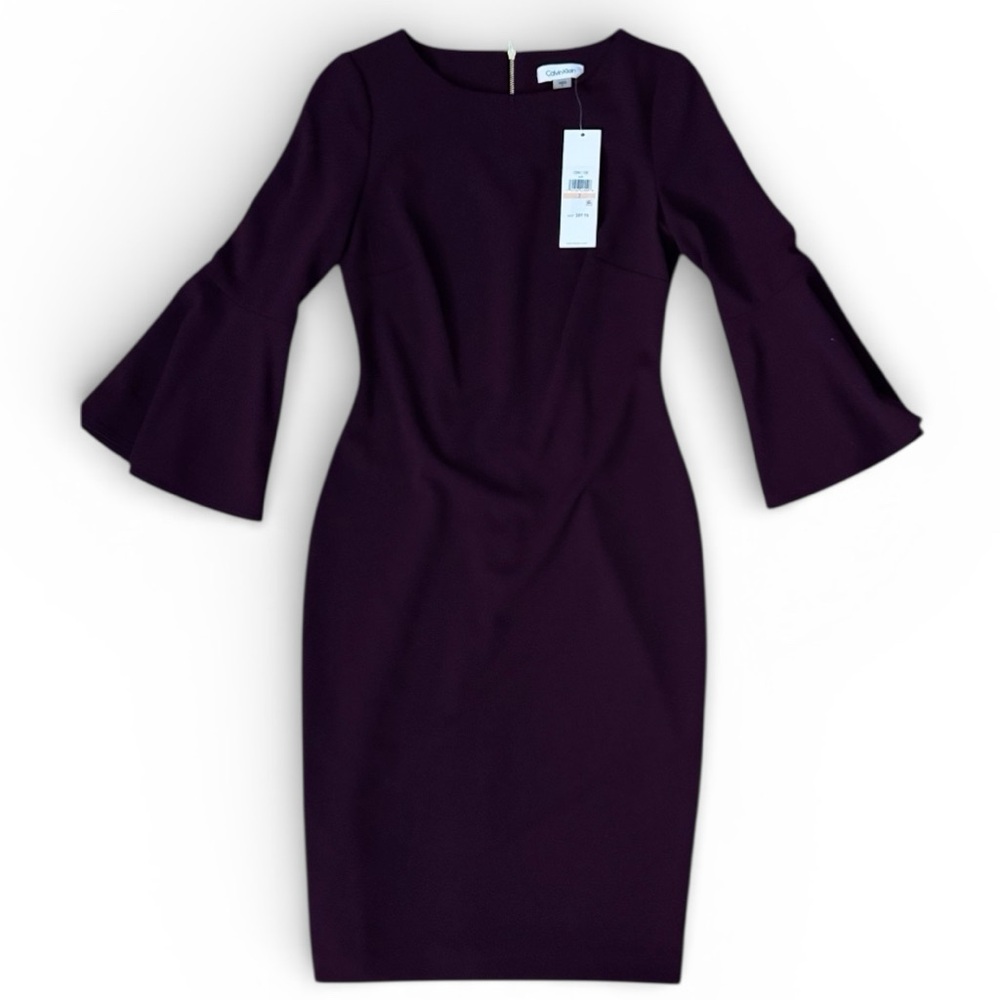 Calvin Klein Plum Bell Sleeve Sheath Dress | NWT | Elegant & Modern